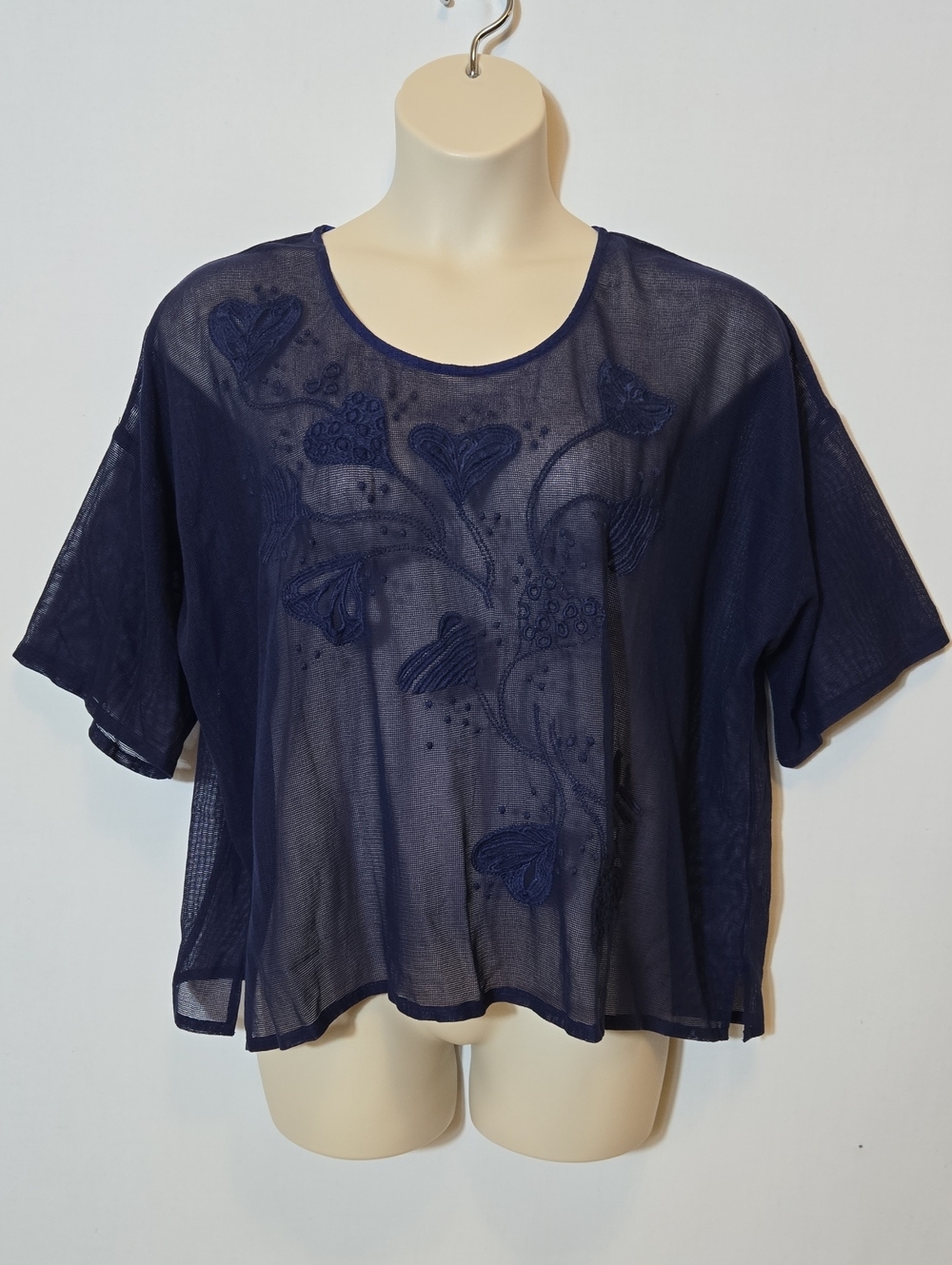 Gudrun Sjoden Embroidered Sheer Mesh Top Short Sleeve Size L / XL Boxy Slouchy